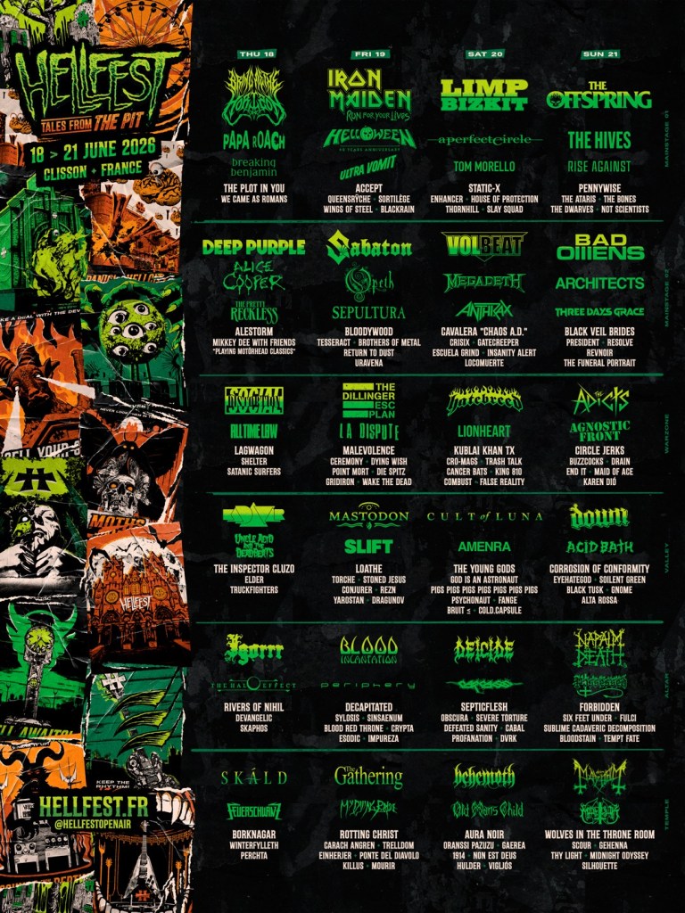 Affiche du Hellfest 2026 présentant la programmation musicale du festival de rock et de metal à Clisson, France, avec des groupes comme Iron Maiden, Limp Bizkit, et Deep Purple.
