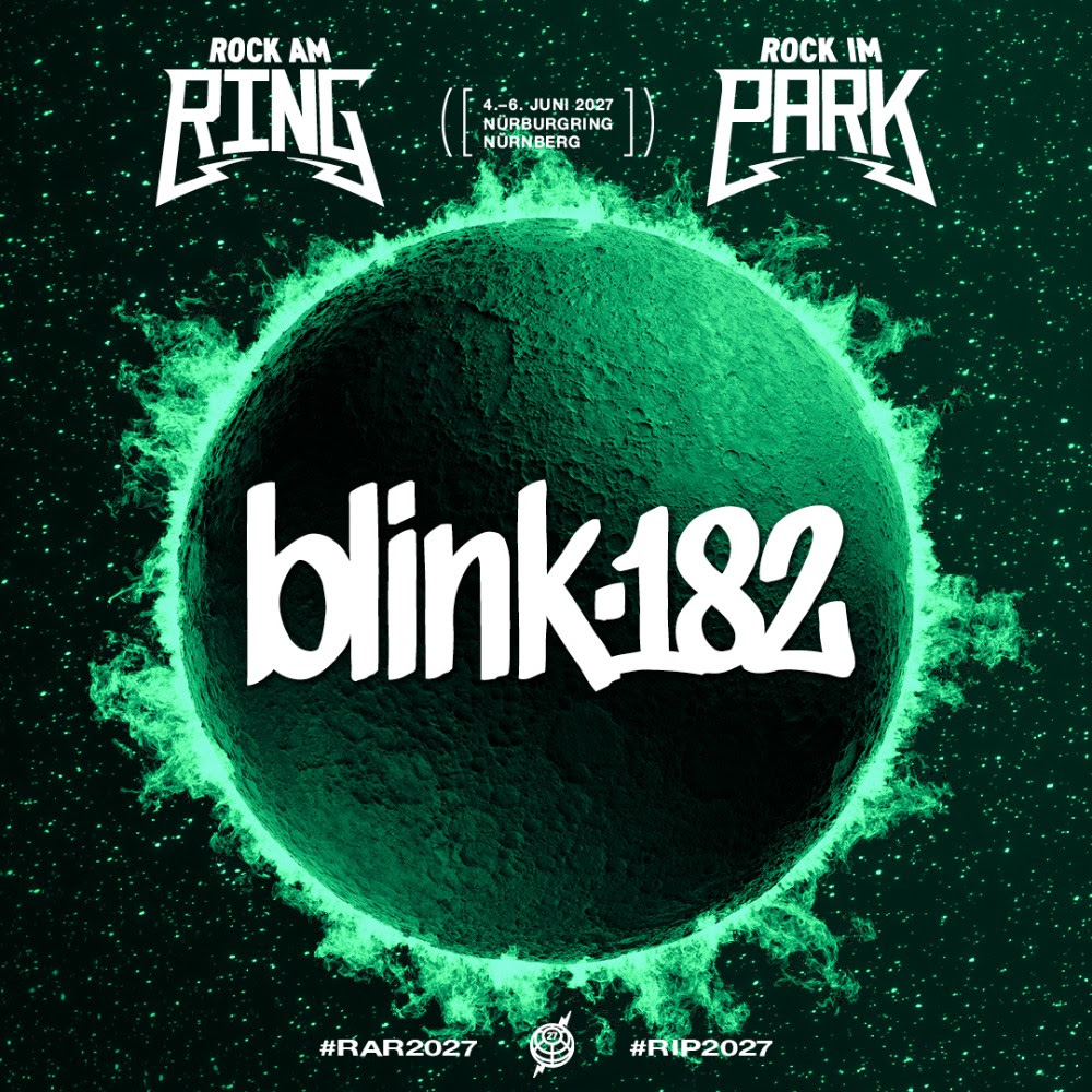 Affiche promotionnelle pour les festivals Rock am Ring et Rock im Park, présentant le groupe blink-182, avec des dates et un lieu en 2027.